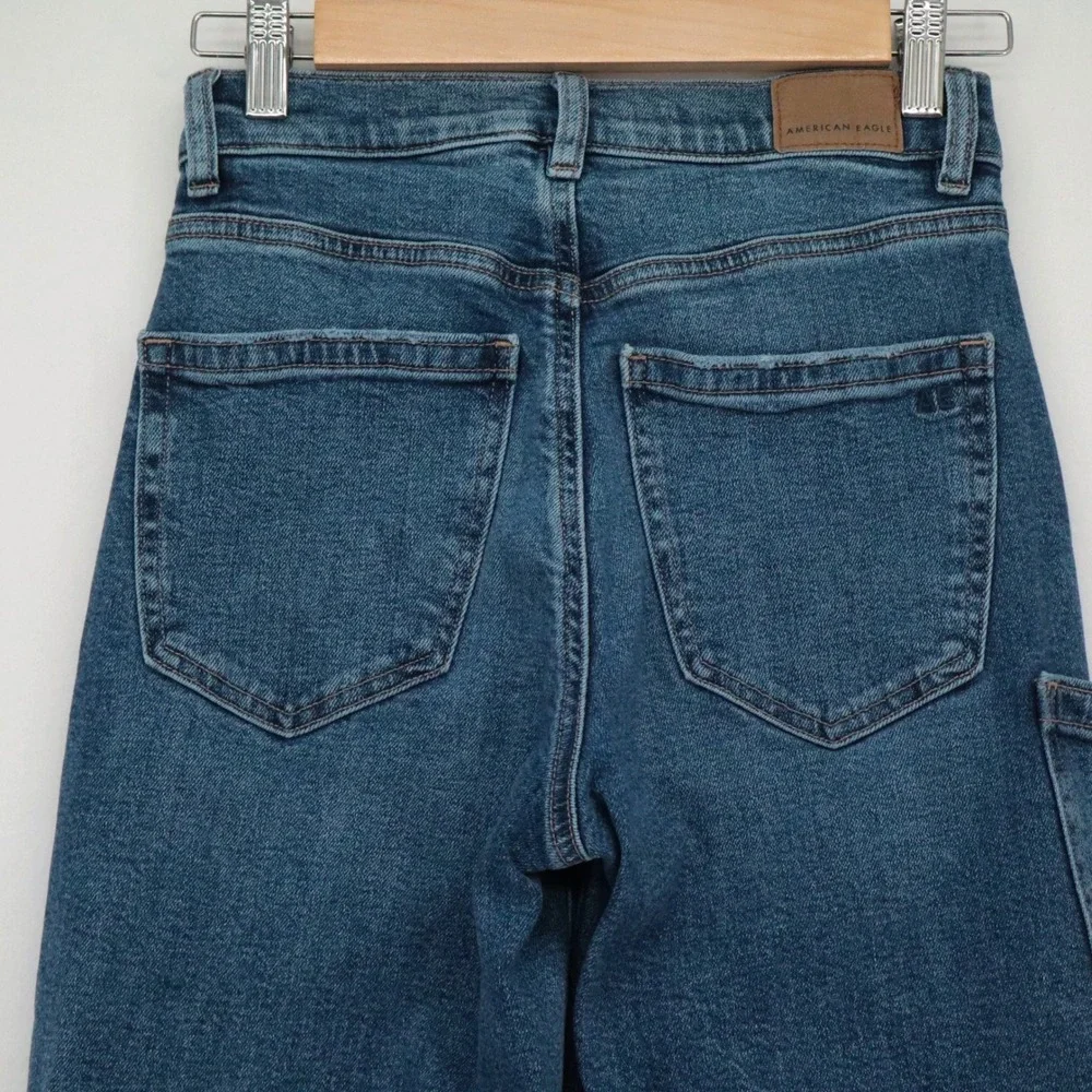 American Eagle Womens Sz 000 Reg High Waisted Cargo Jeans Medium Wash Y2K 90s